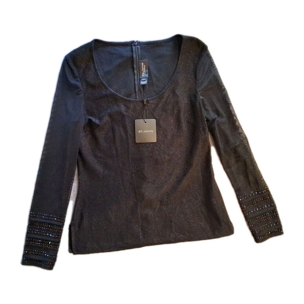 St John  Couture Blouse Size  Black Sheer Sleeves Beaded $995